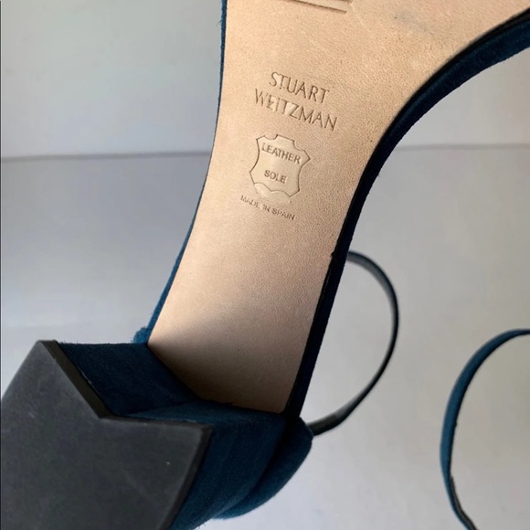 Stuart Weitzman Nearlynude Blue Teal Suede Ankle Strap Block Heel Sandal Size 7 - Picture 8 of 9